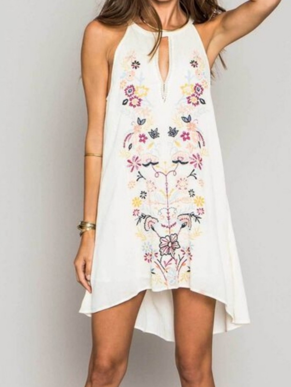O'Neill Cream Gauze Flowy Embroidered Halter Dress, Gorgeous For Summer! Large